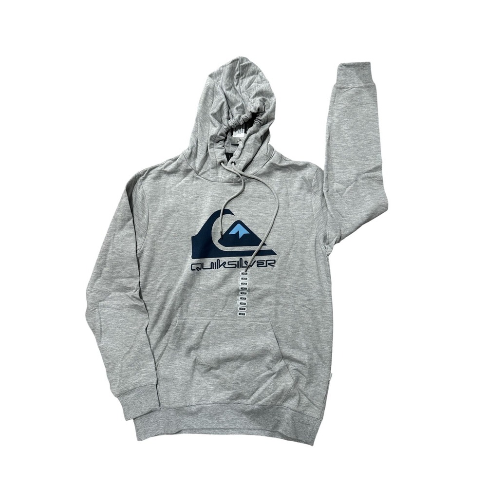 Quiksilver Hoodie Mens Fleece Gray Blue Graphic Logo Size M Cotton Blended NEW